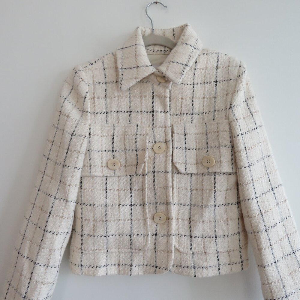 MANGO MNG Cropped Tweed Blazer in Cream Plaid Preppy Old Money Academia Size XS - Picture 3 of 13